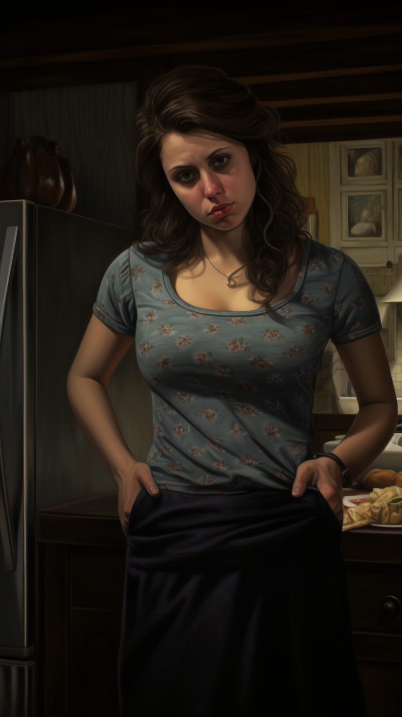 Woman with Bloated Stomach in Kitchen