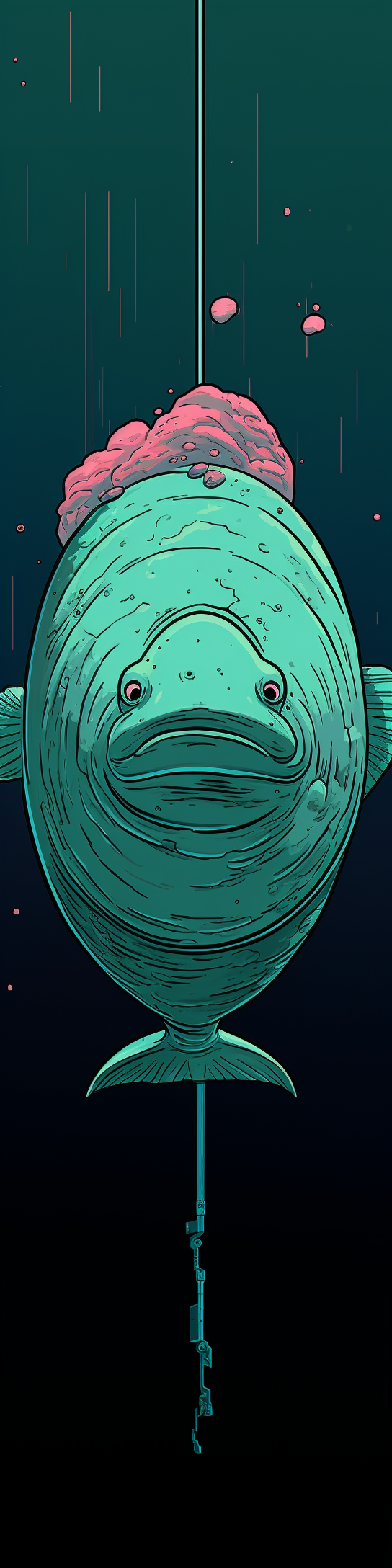 Blobfish floating in teal void with NASA's Eagle Lander