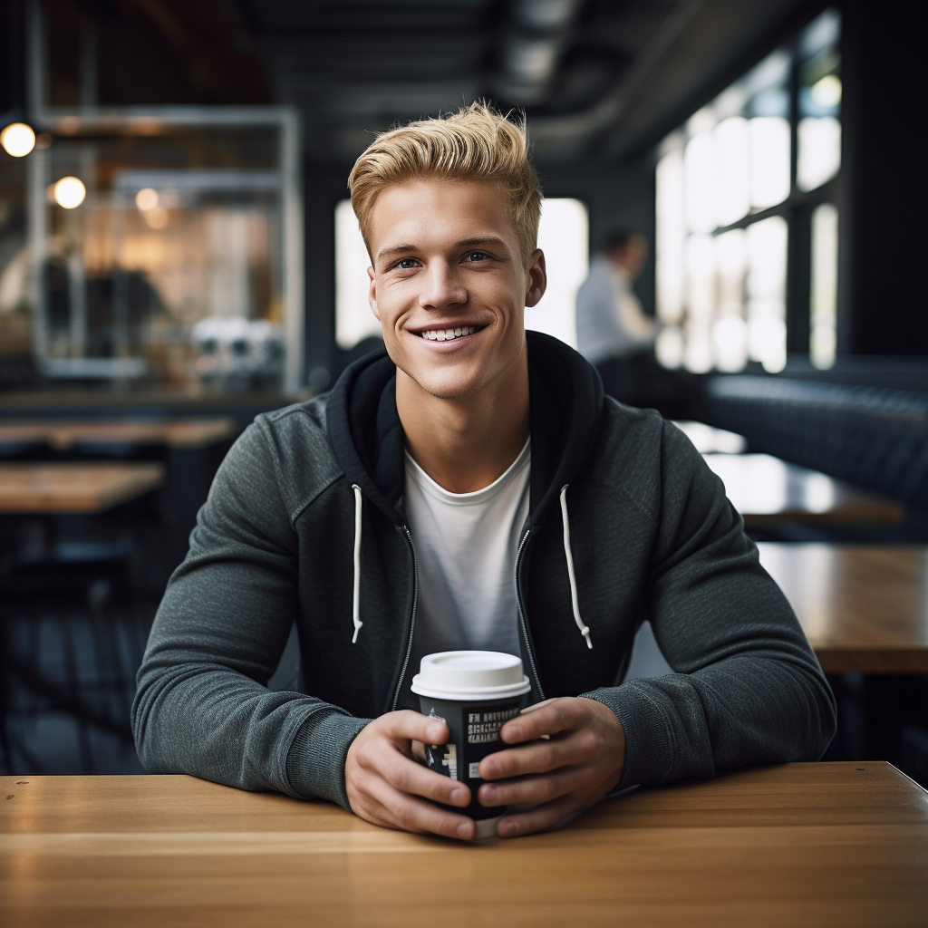 Handsome blond collegiate jock in modern cafe