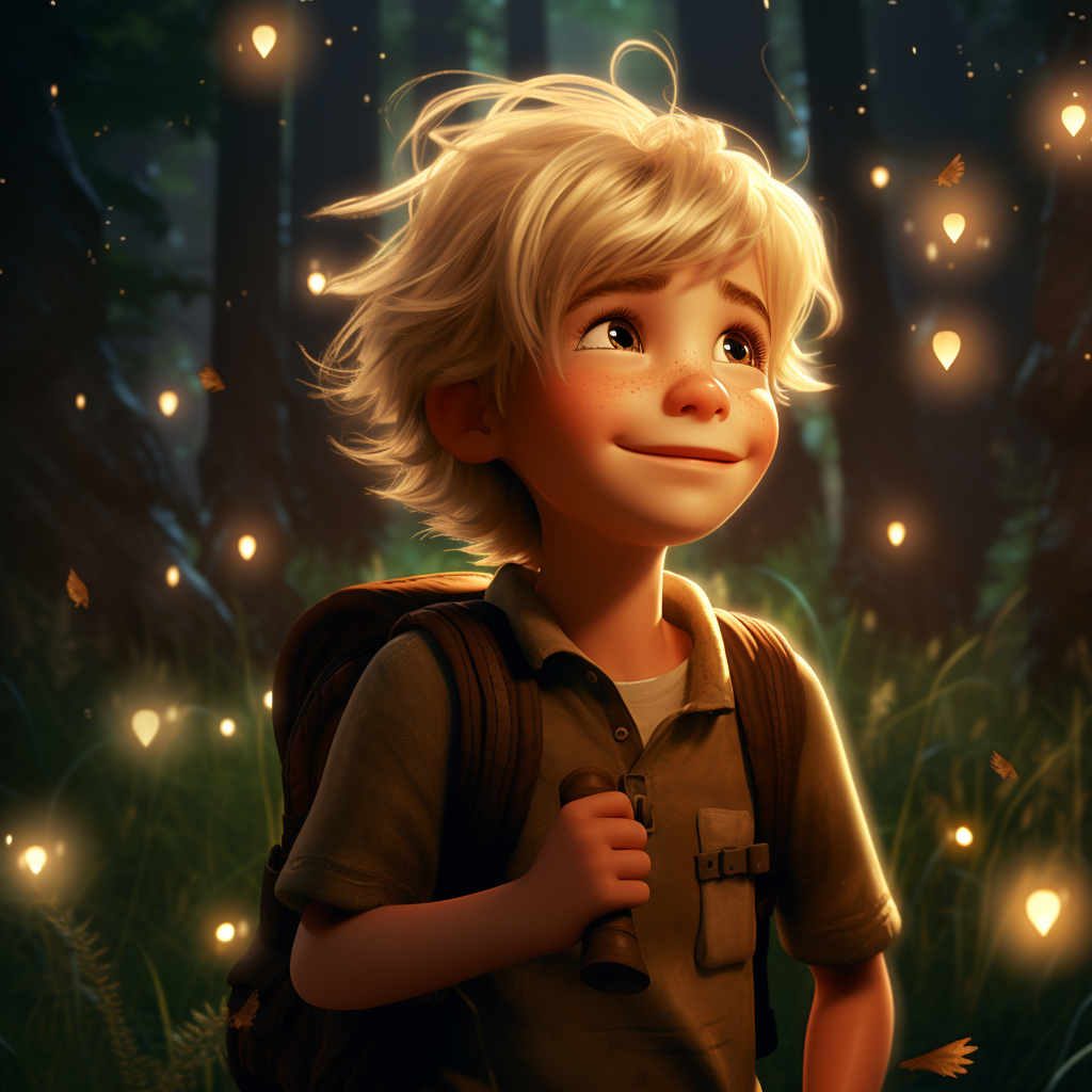 Smiling blond-haired boy in a forest with fairies and fireflies