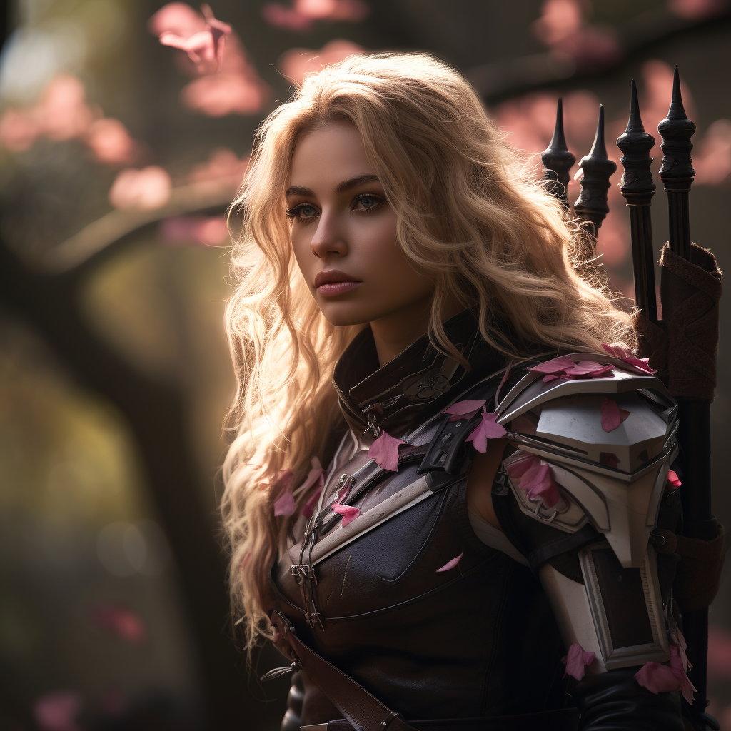 Blonde female ranger with bow in pink leaf forest