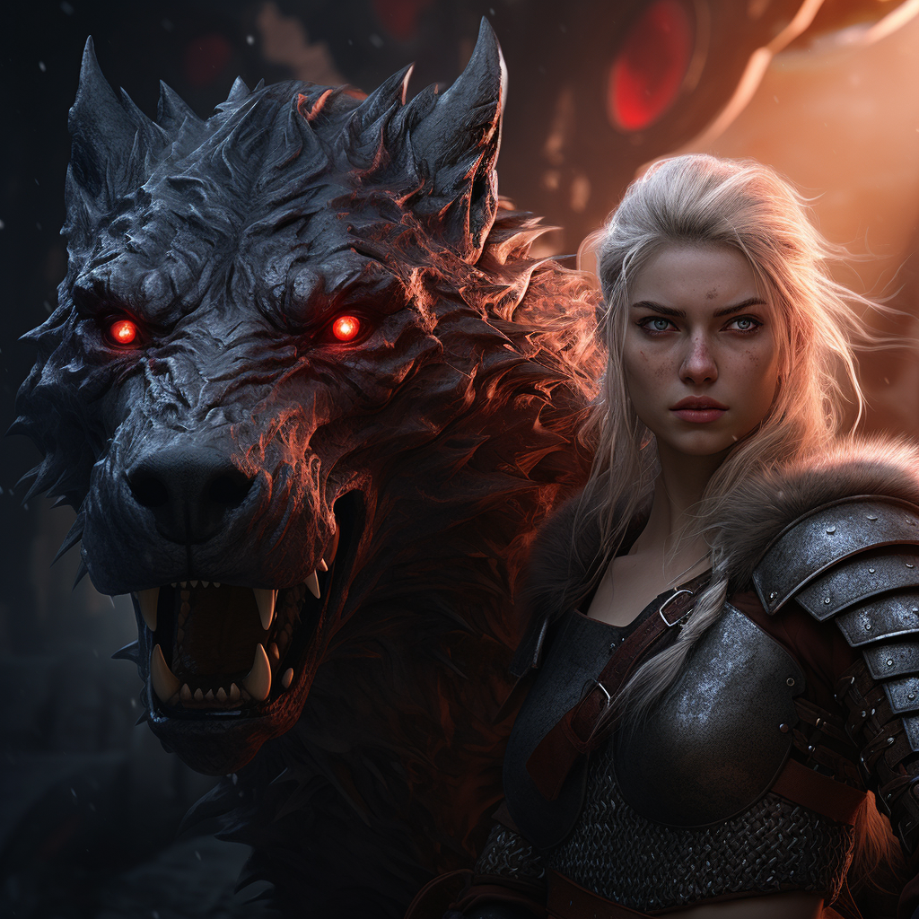 Blonde Female Riding Black Warg in Epic Fantasy Scene