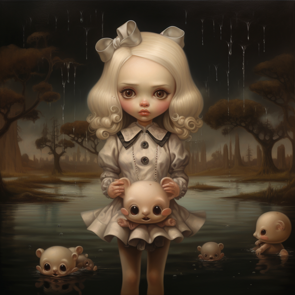 Blonde girl in Mark Ryden style, melancholy and grunge