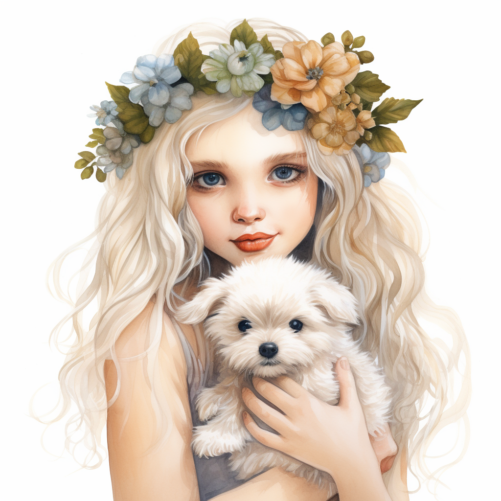 Little girl with flower crown and white puppy