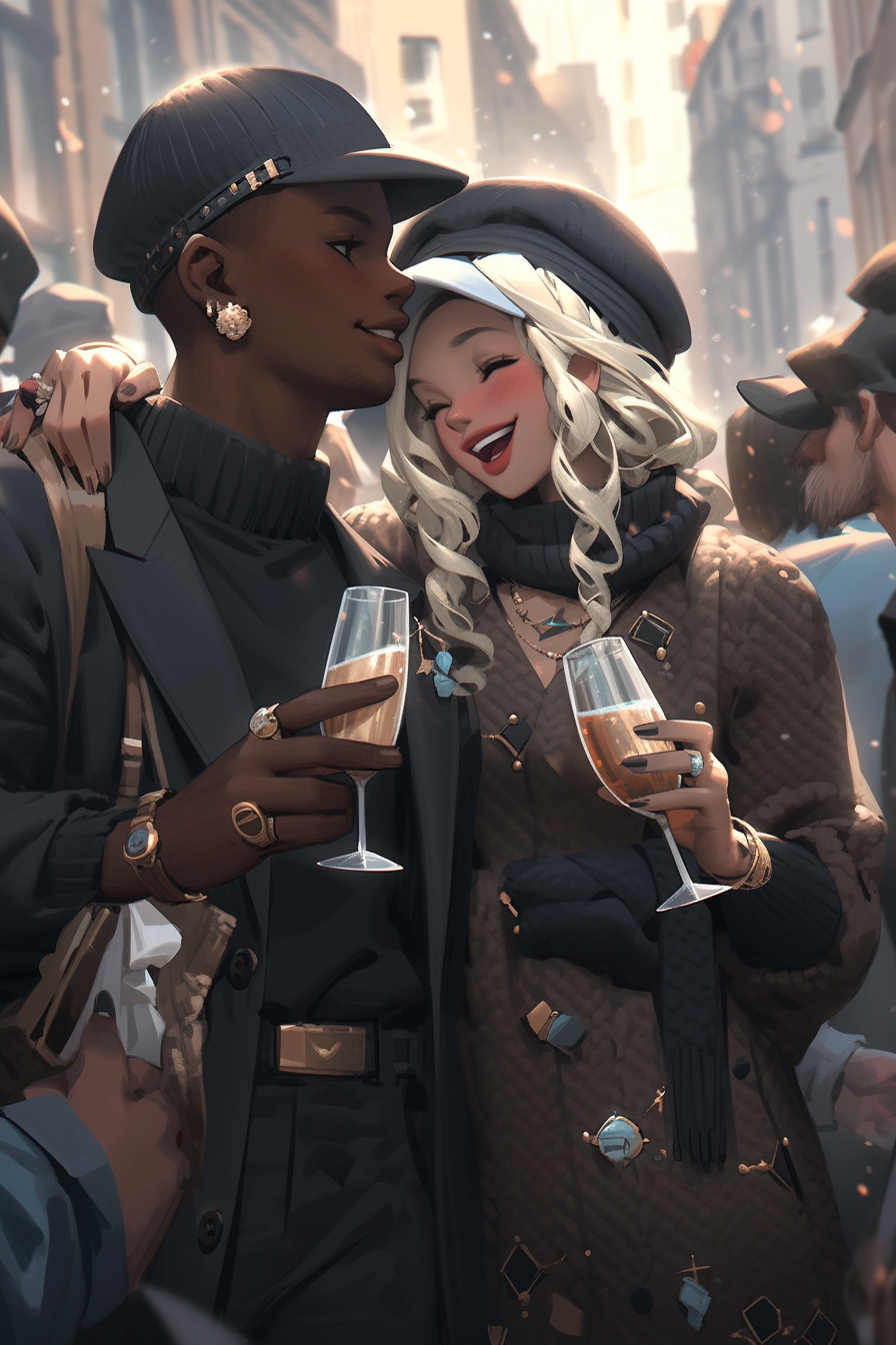 Blonde Haired Couple with Wine Glasses and Friends Outdoors