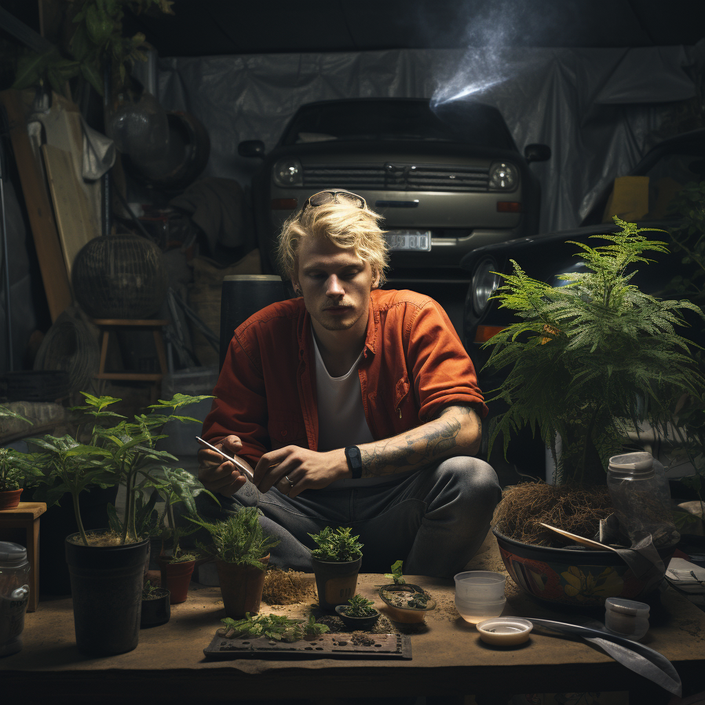 Blonde man growing marijuana plant