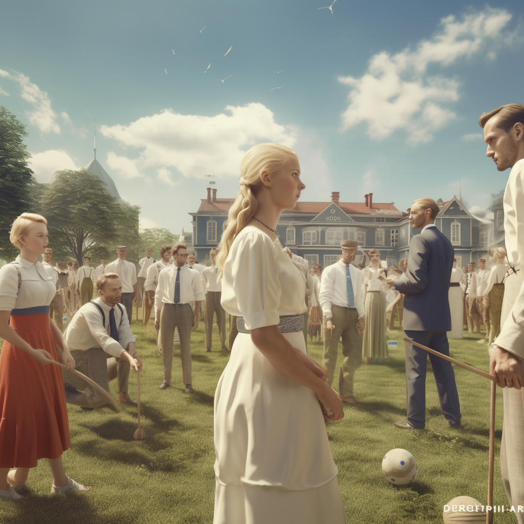 Blonde Scandinavian people enjoying a game of croquet