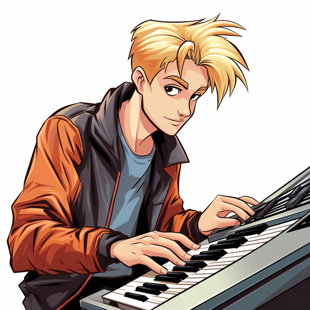 Blonde teenage boy playing music keyboard