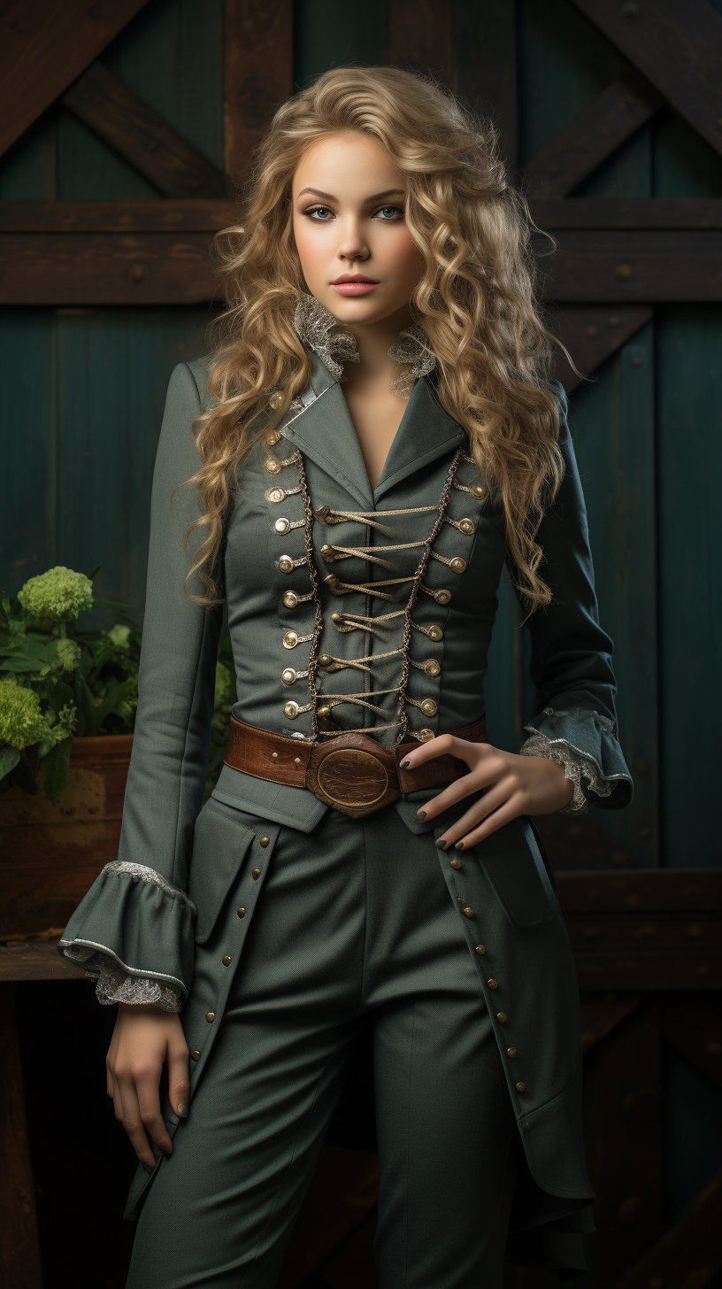 Blonde woman in lace suit, representing aristocracy and steampunk fashion