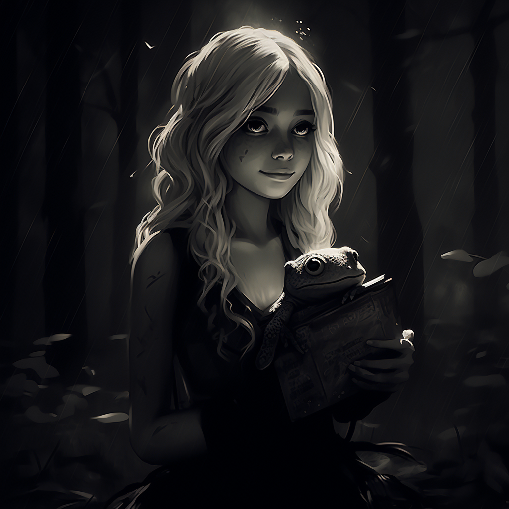 Blonde girl with cute frog in a rainy forest