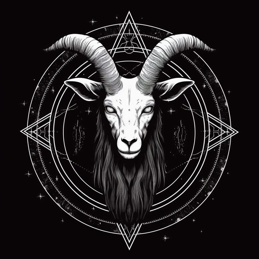 Black and white drawing of bloodthirsty satanic goat