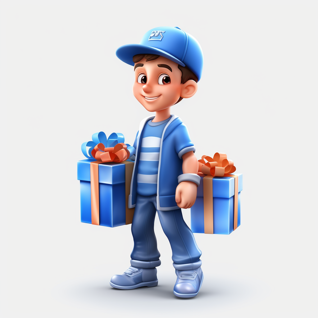 Character with blue cap carrying gifts