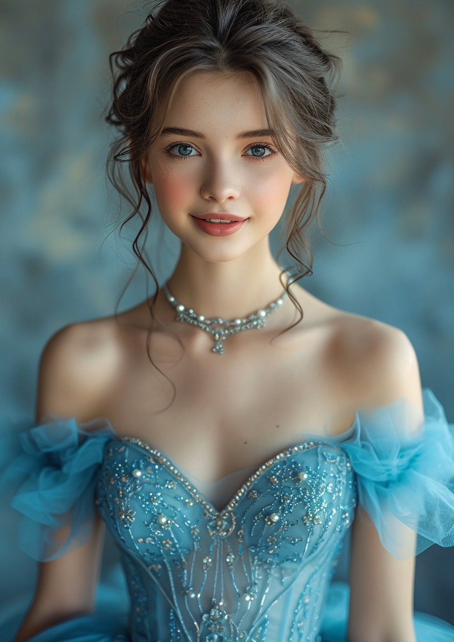 Teenage girl in elegant blue dress with short sleeves and pearls