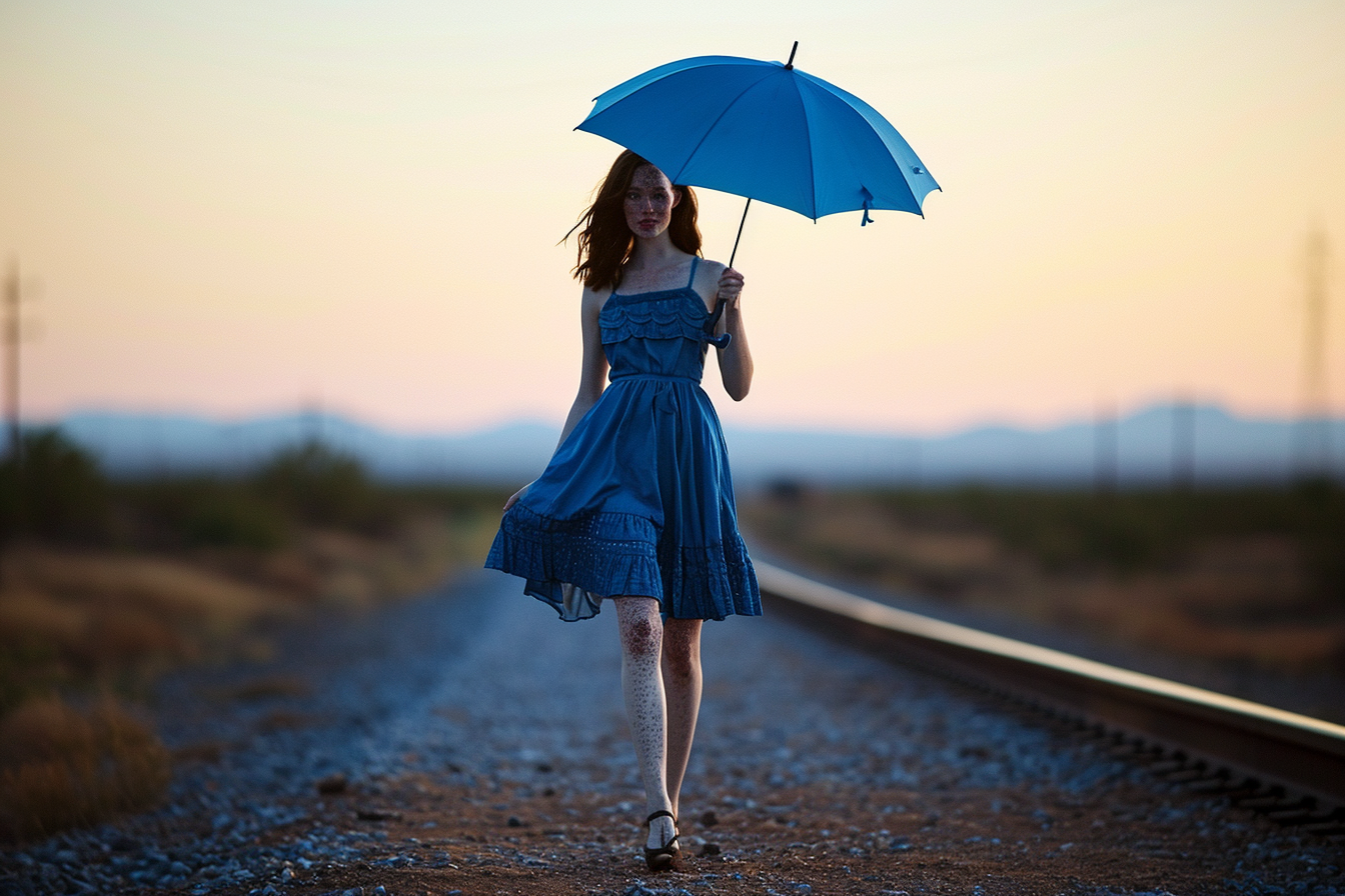 Woman with Blue Umbrella Walking on Railroad