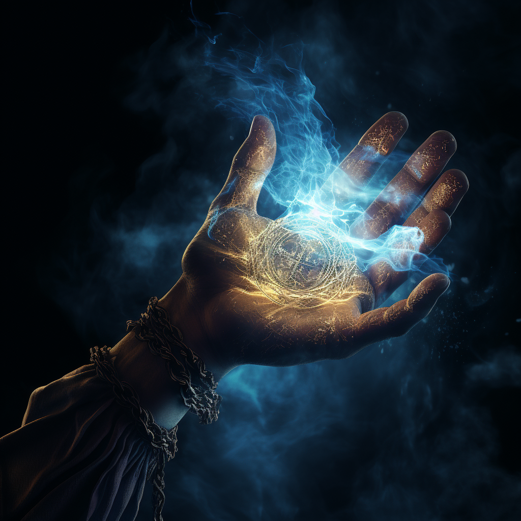 Blue electricity emanating from a young hand