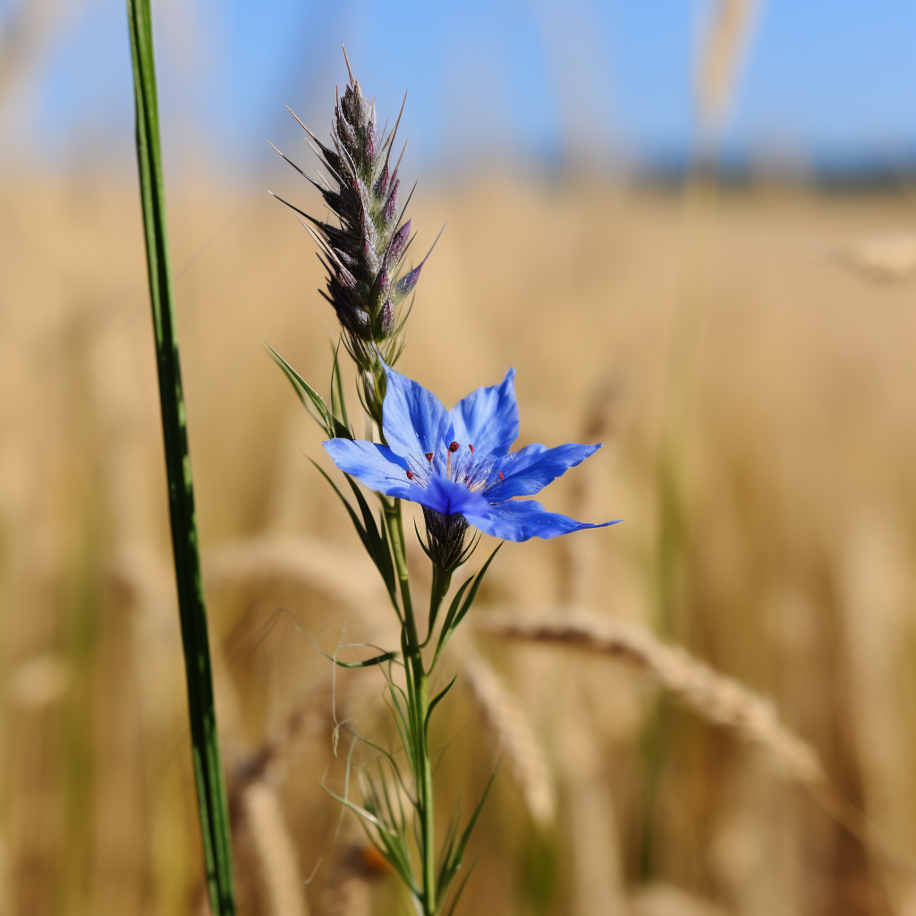 Vibrant blue flower amidst wild wheat