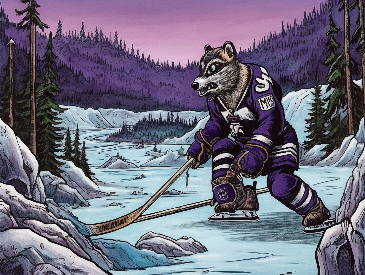 Expressive Branko Marjanovic-inspired blue-furred raccoon planting hockey