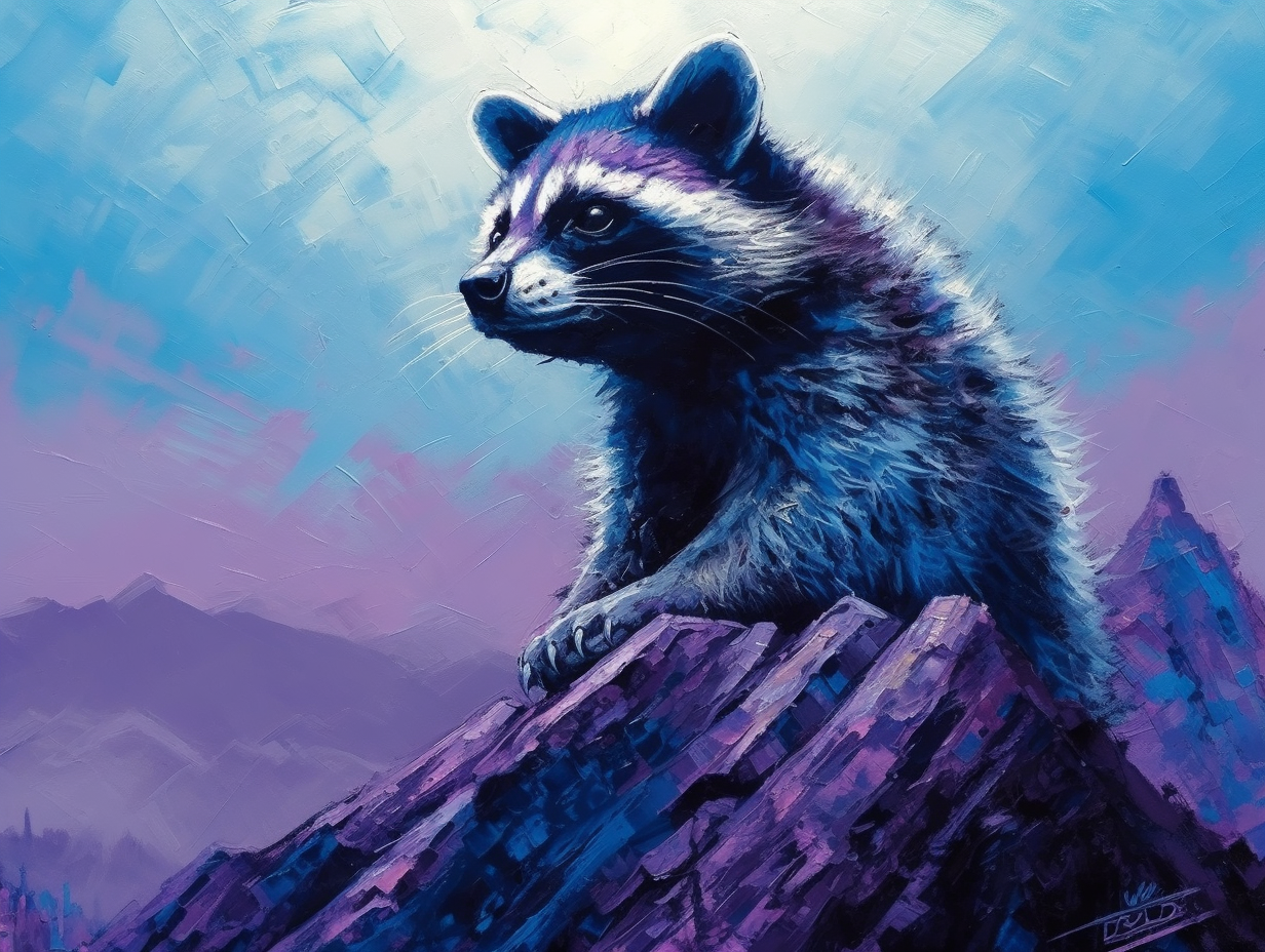 Blue-Furred Raccoon on Purple Mountain Peak