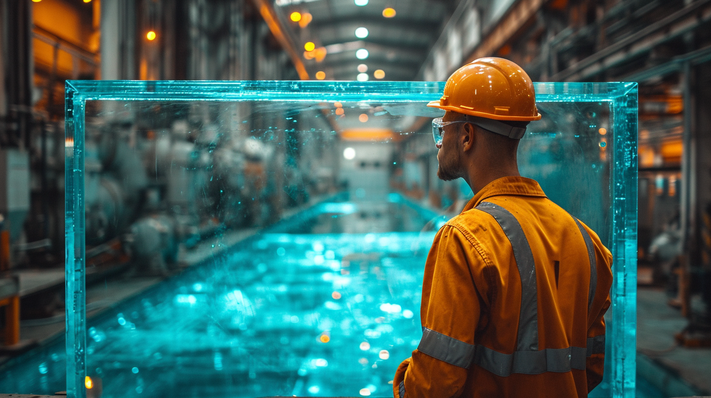 Blue glass pane with worker and safety equipments