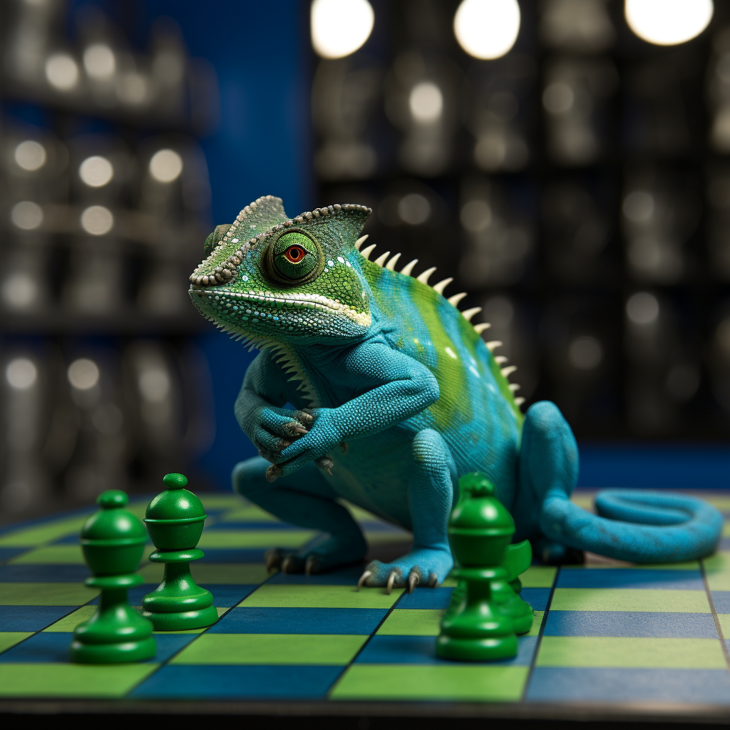 Blue Green Chameleon on Chess Board