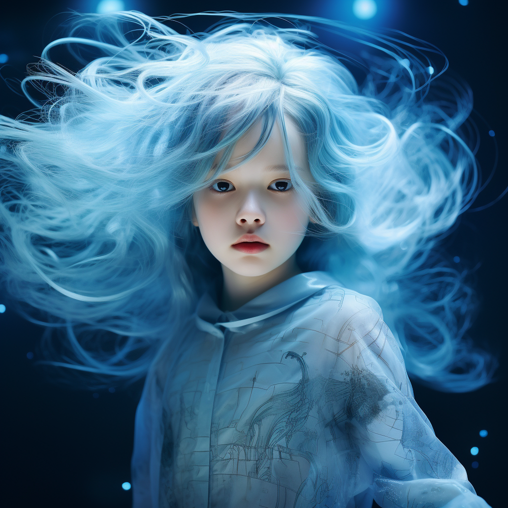 Young girl with translucent blue hair