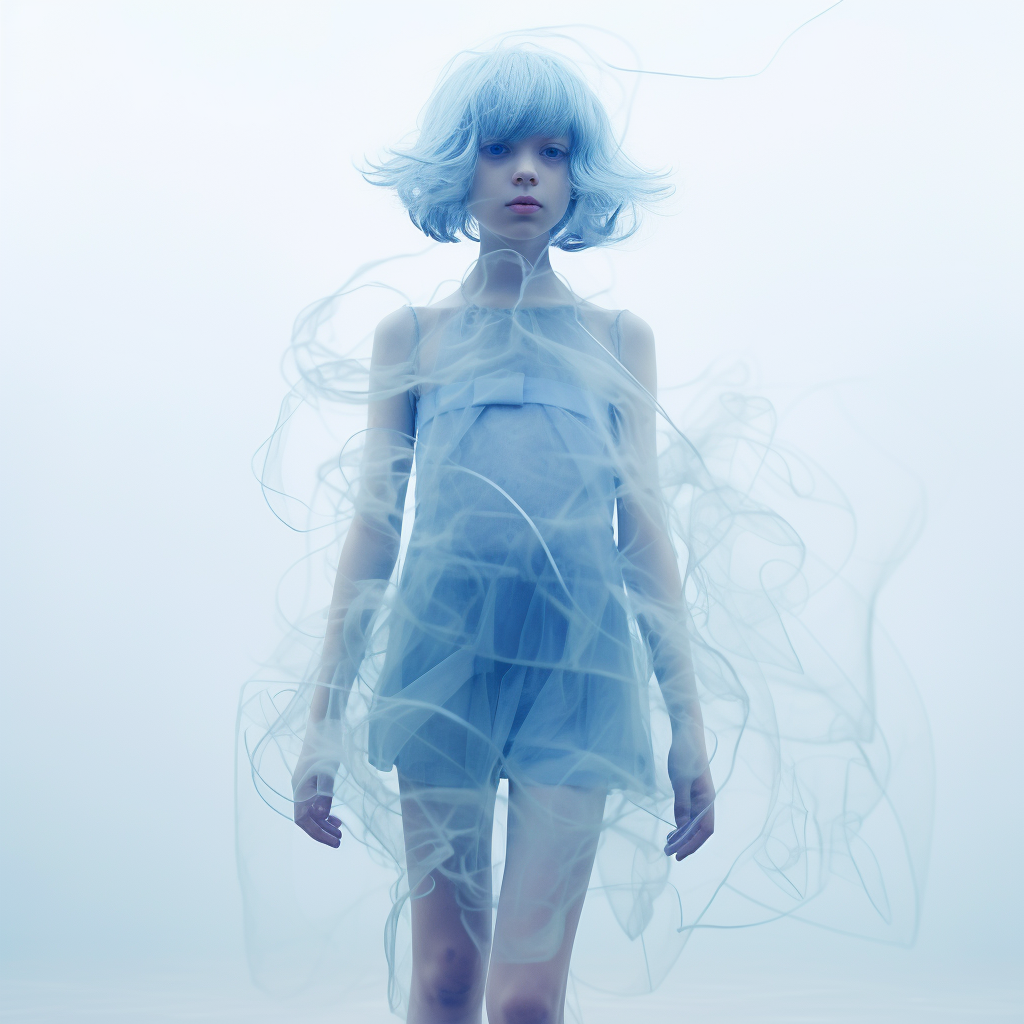 Translucent girl with blue hair in the wind