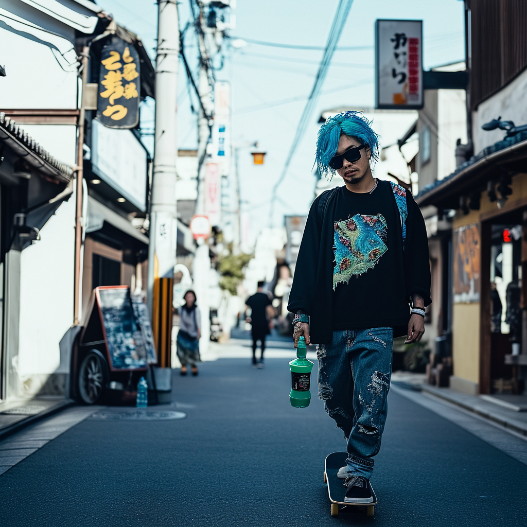 Blue Haired Man Skateboarding Japanese Street