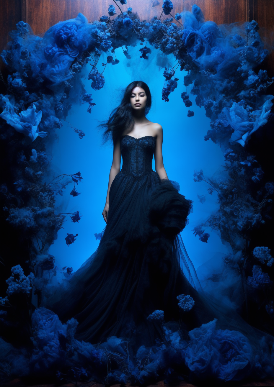 Gorgeous woman surrounded by blue luminescent frame and dark smoke flowers