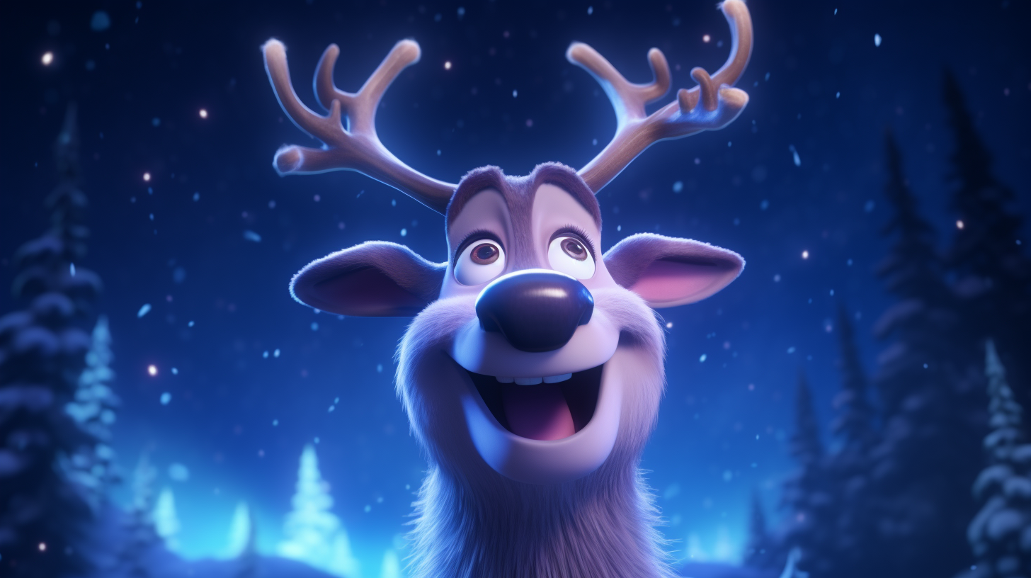 Blue nose reindeer smiling under night sky lights