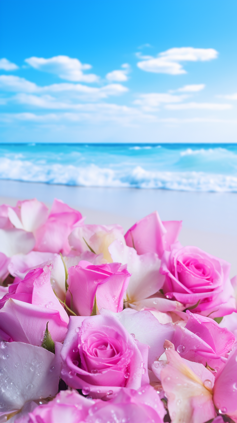 Blue Ocean, Sky, and Beach with Roses and Milky Way