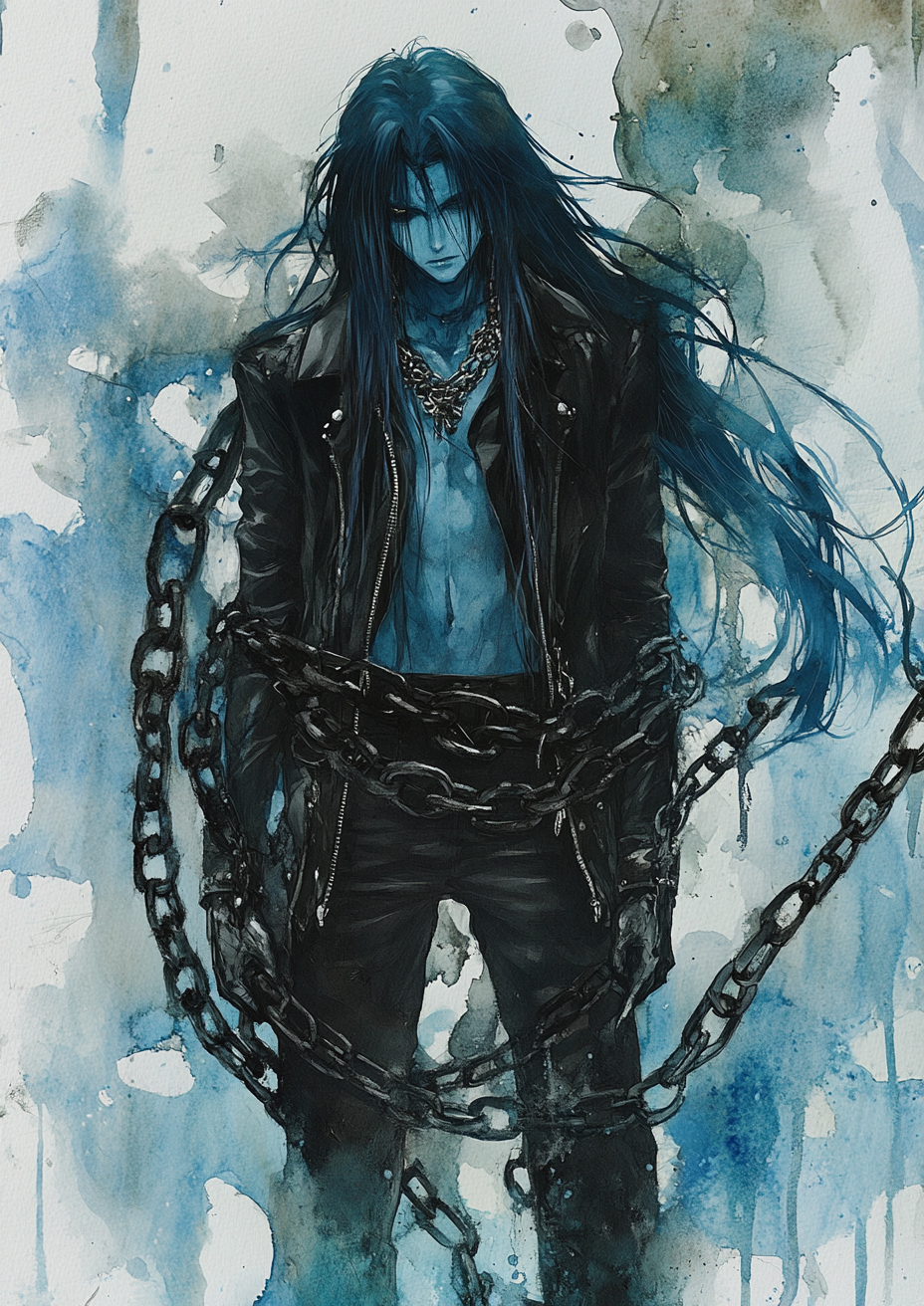 Blue-Skinned Man Chains Watercolor