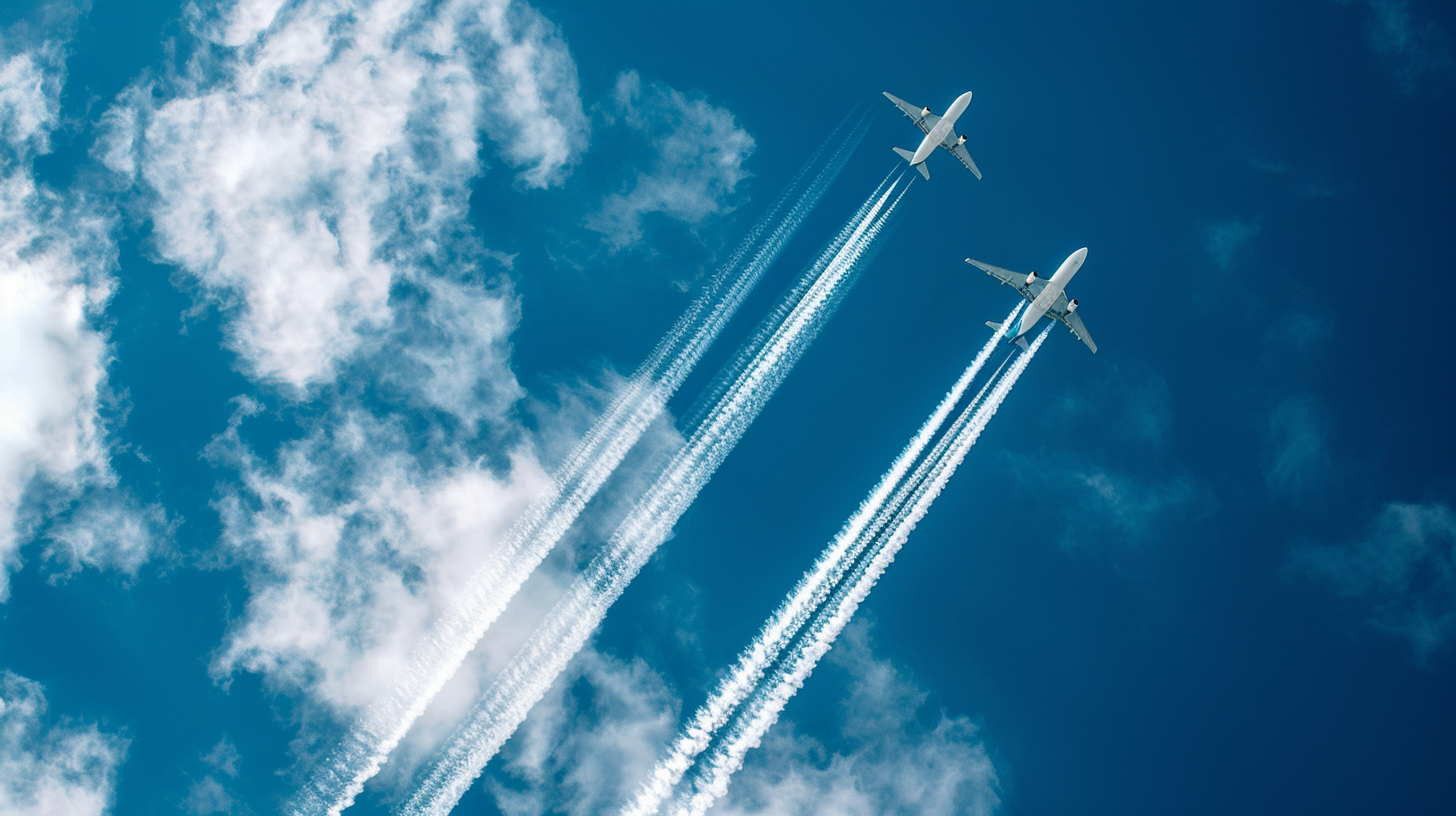 Blue sky with white clouds and airliner trail