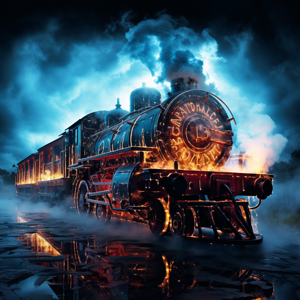 Blue train lighting up with typography