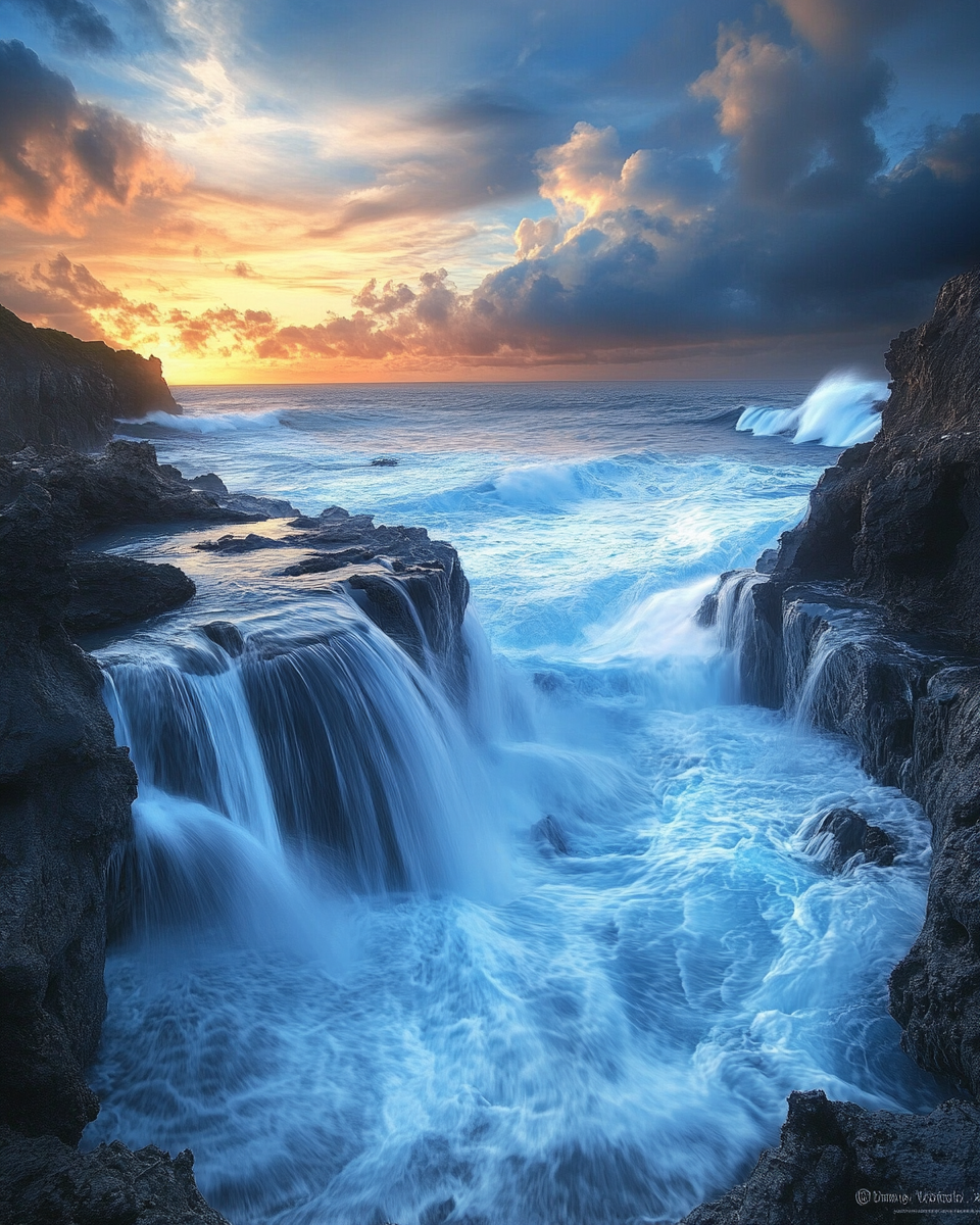 Blue Waterfall in Ocean at Sunset