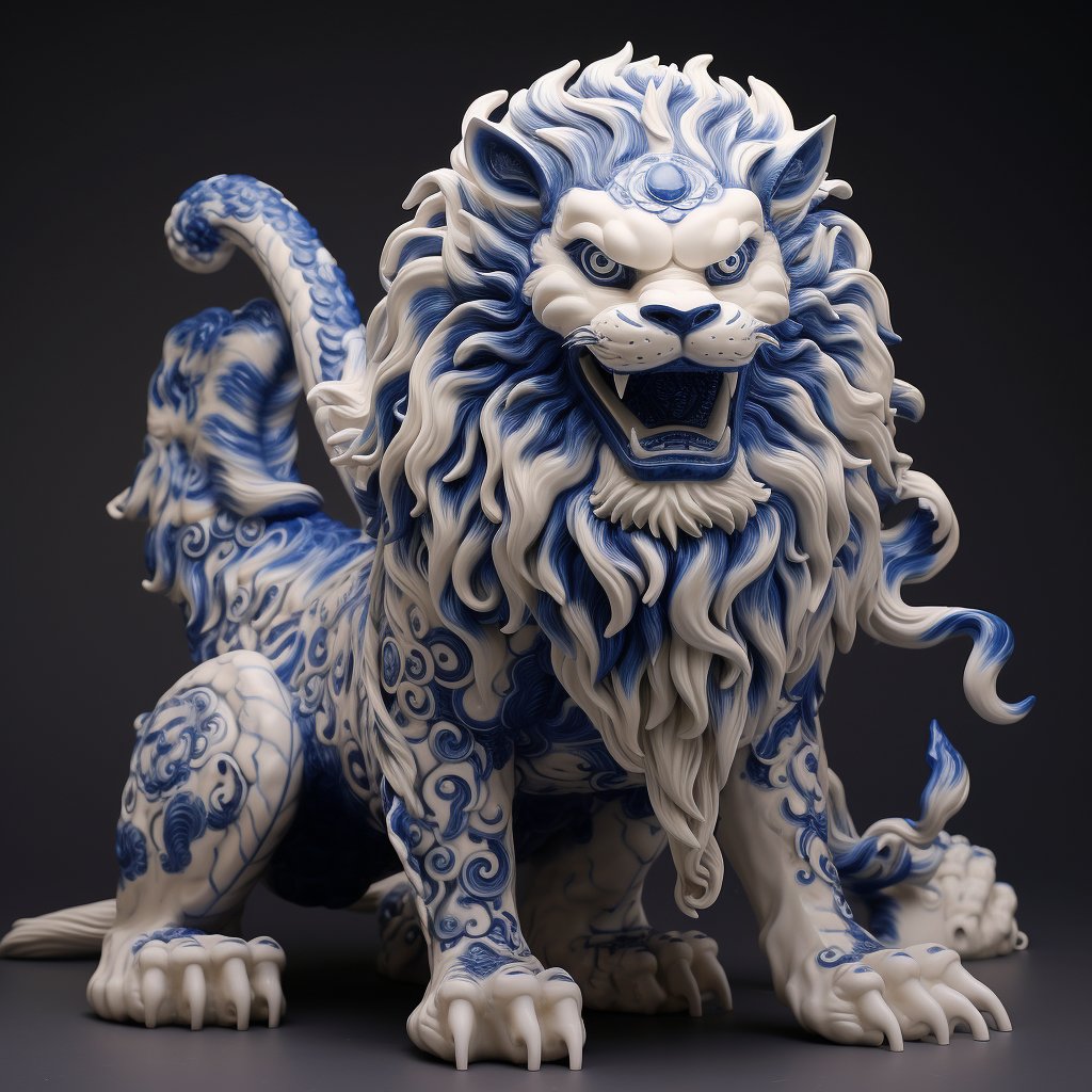 Blue and white lion amidst fire and wreckage