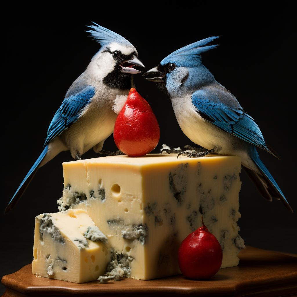 Bluejays and cardinal fighting over cheese