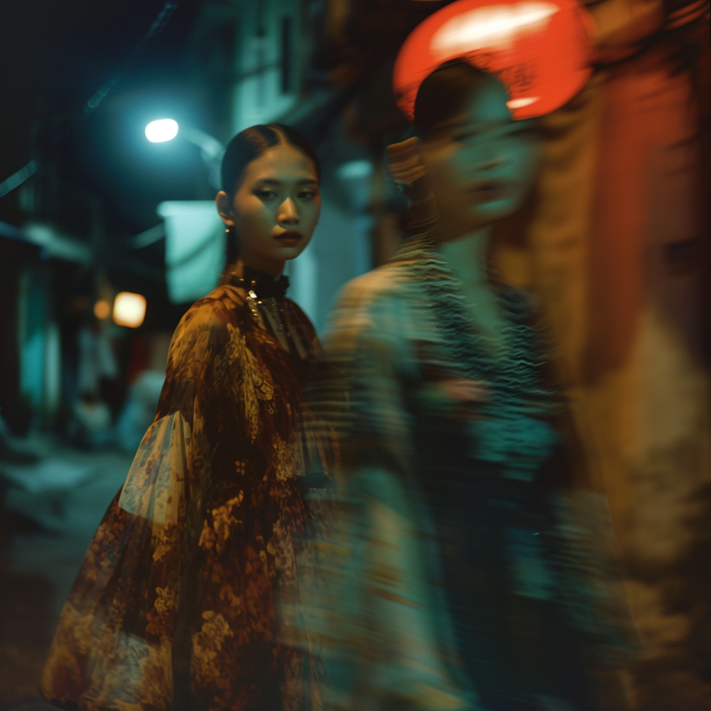 Blurred models in Prada outfit at night