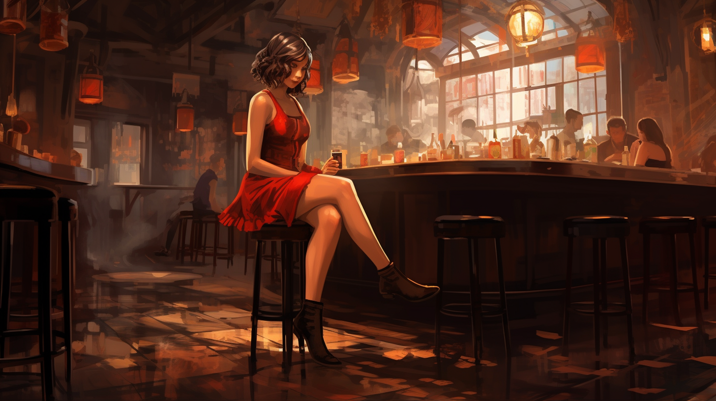 Girl with Bob Hairstyle in Red Dress at Bar