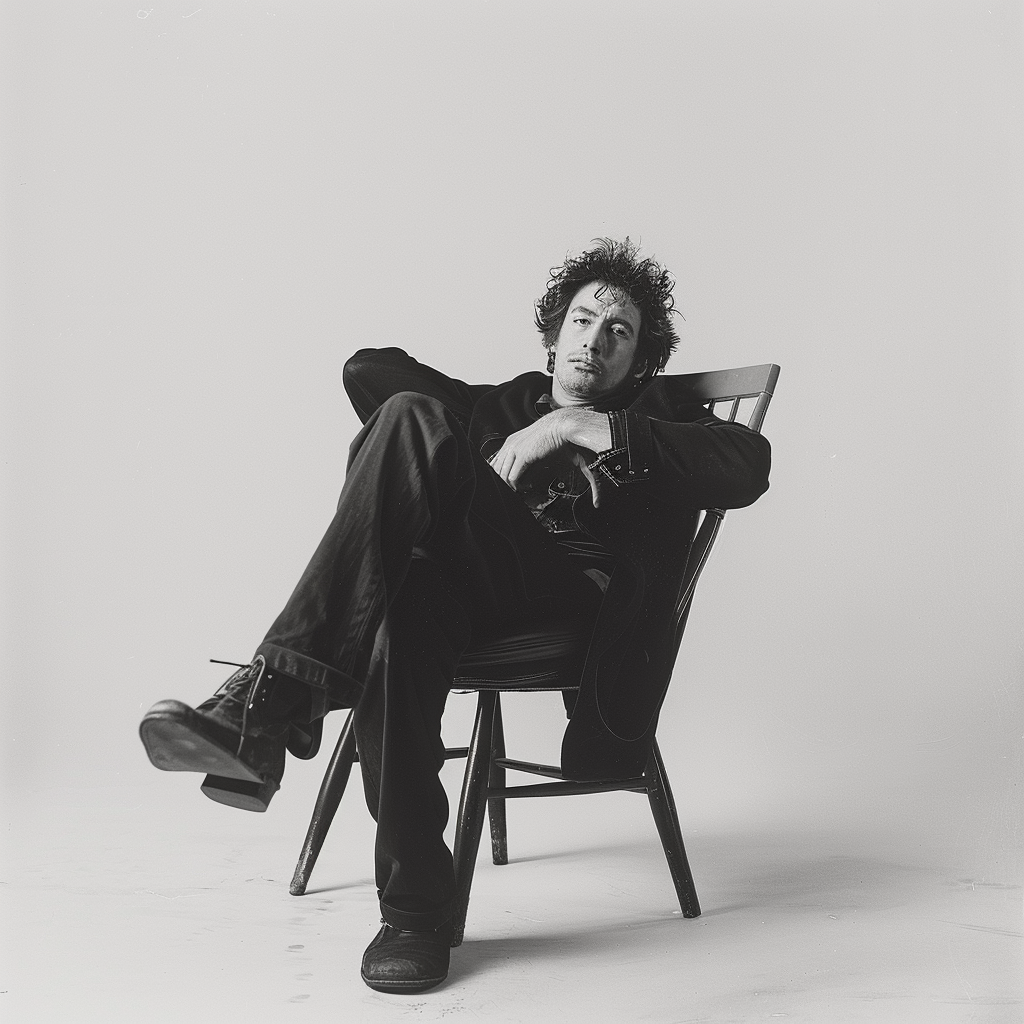 Bob Dylan sitting in chair pose