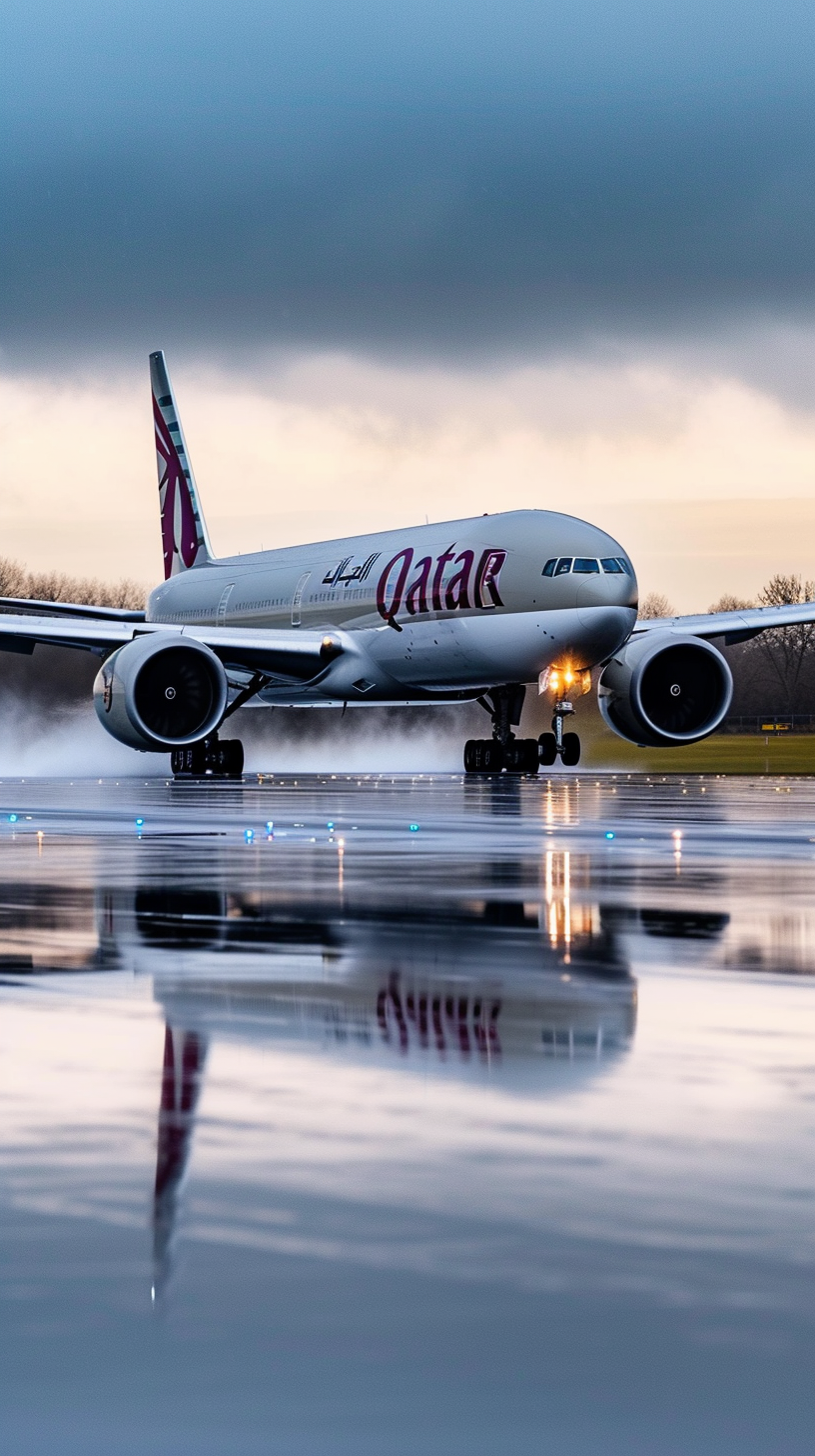 Boeing 777X landing on wet runway