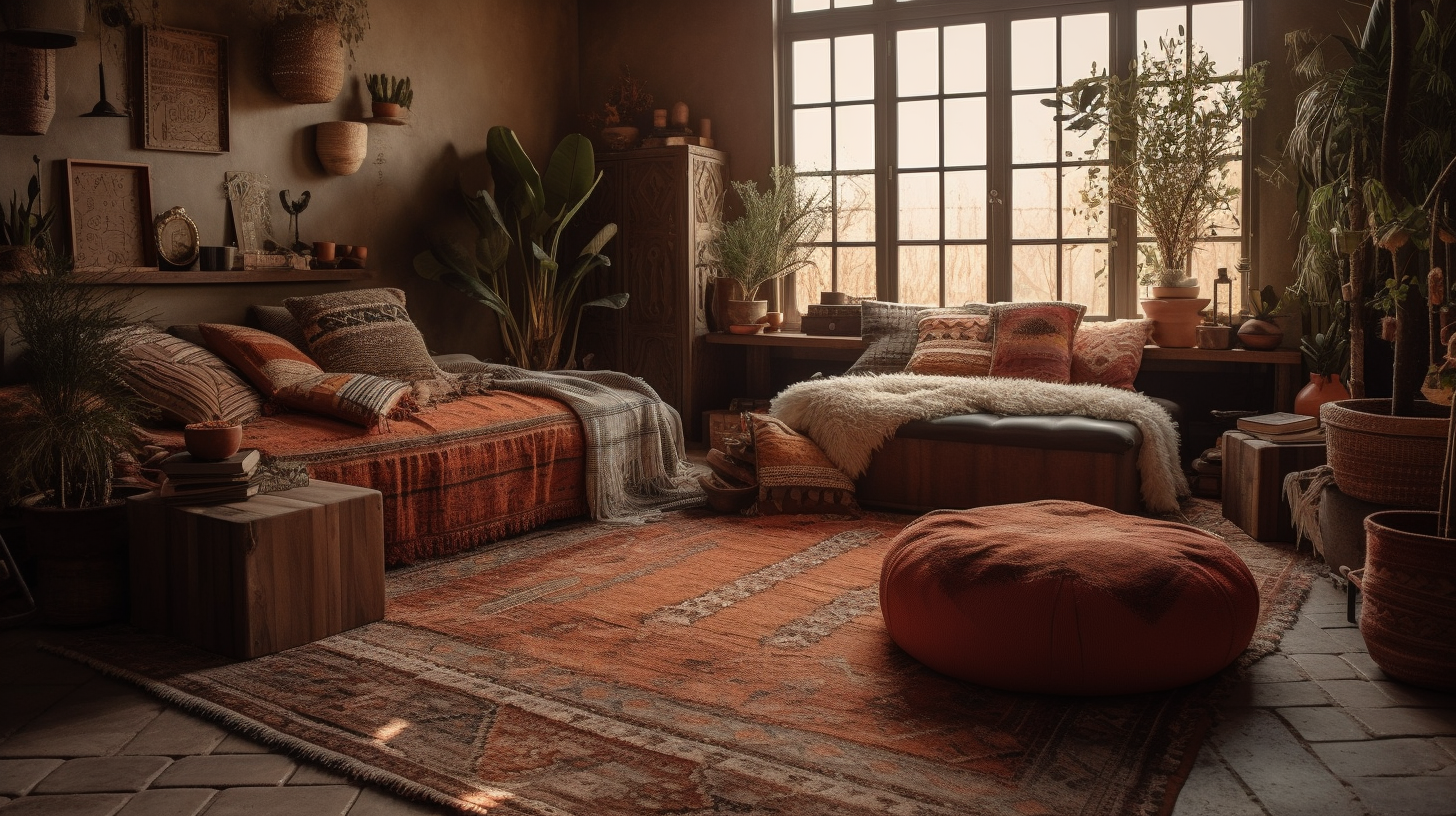 Bohemian living room with textured rug and plants