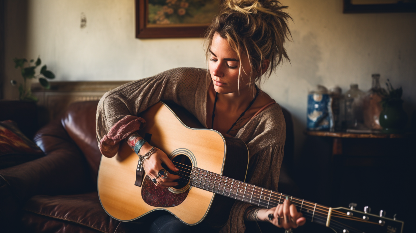 Bohemian woman playing acoustic guitar on vintage leather couch