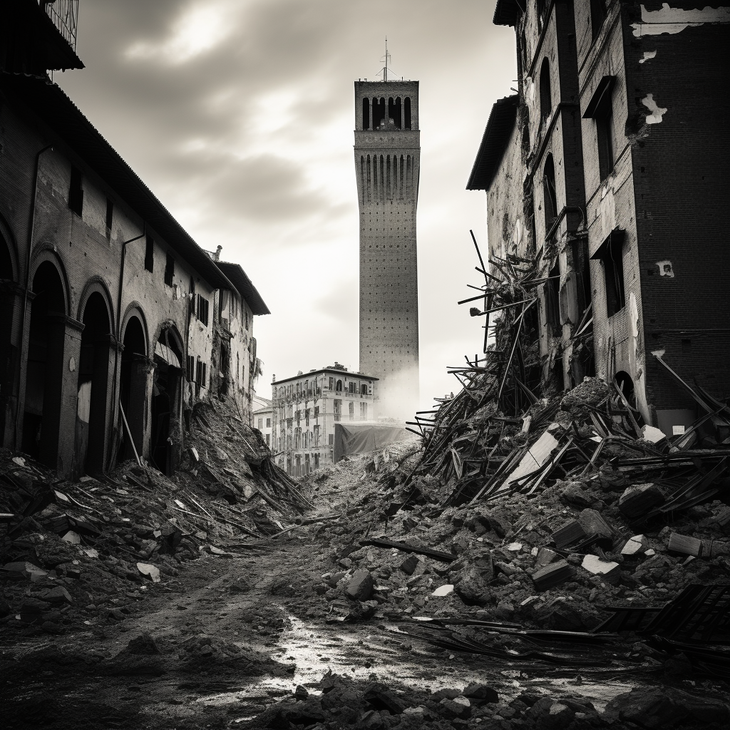 Black and white photo of collapsing city towers