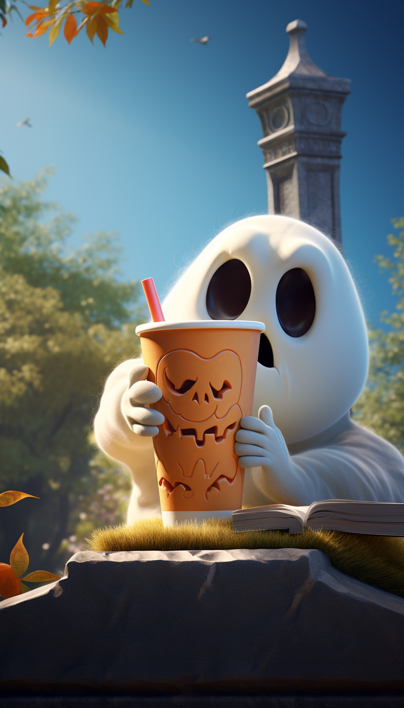 Boo Diddly from Mario enjoying coffee in a cemetery