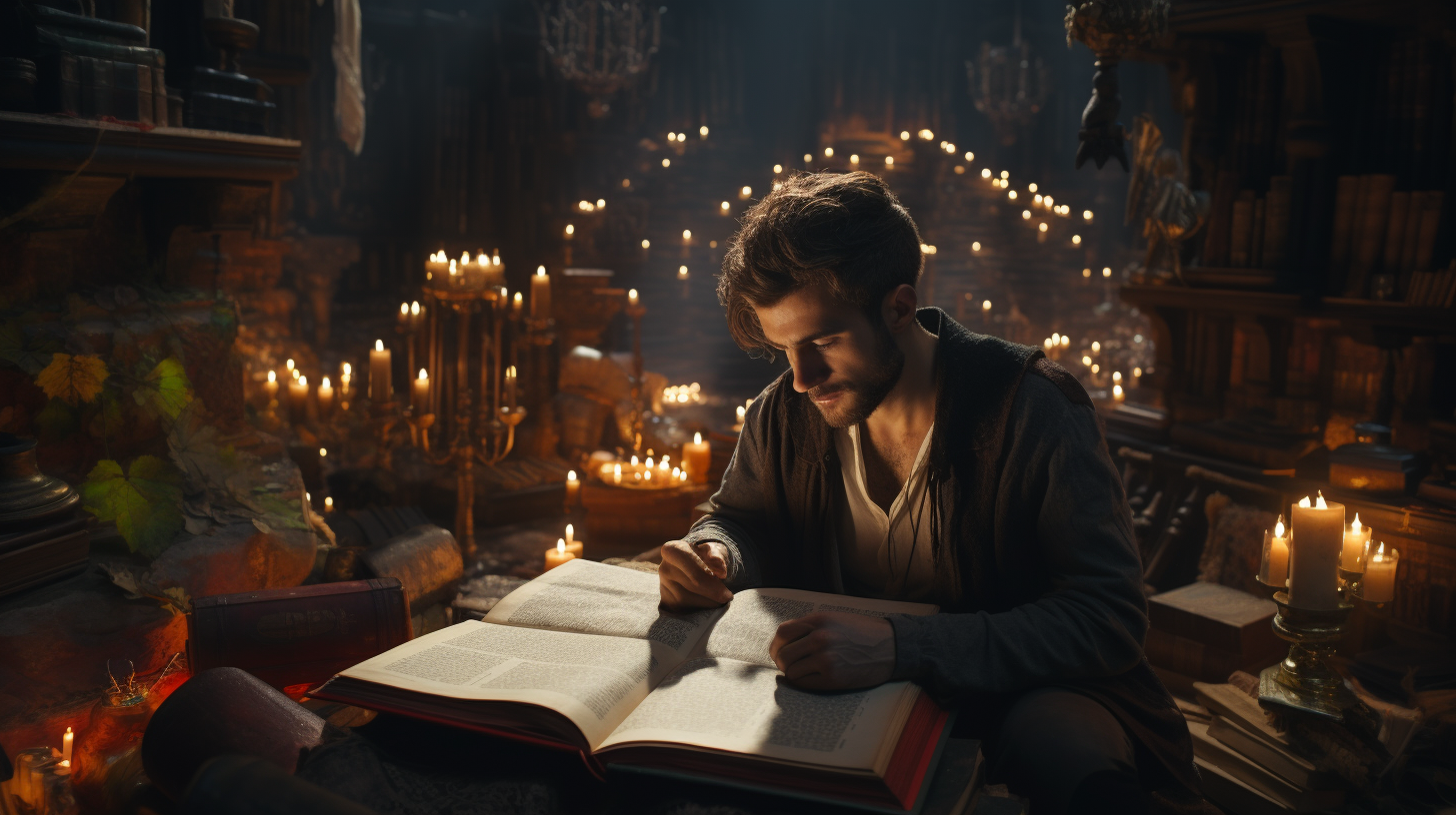 Man reading book surrounded by books in fantasy setting