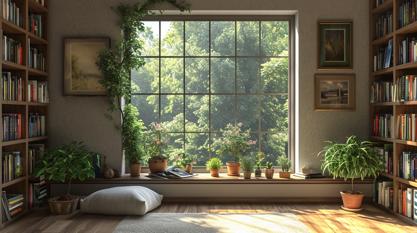 Bookshelves, wall art, window, plants