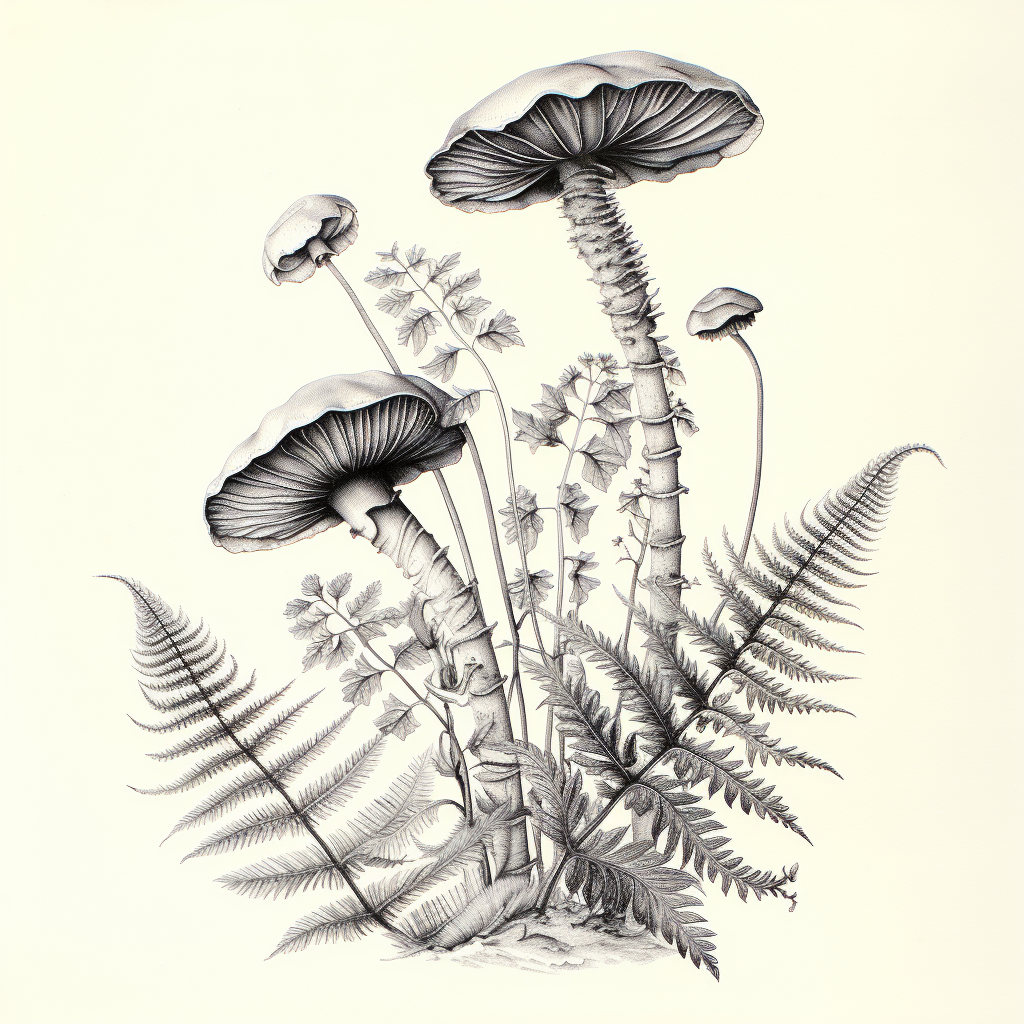 Botanical line drawing of fern and mushrooms