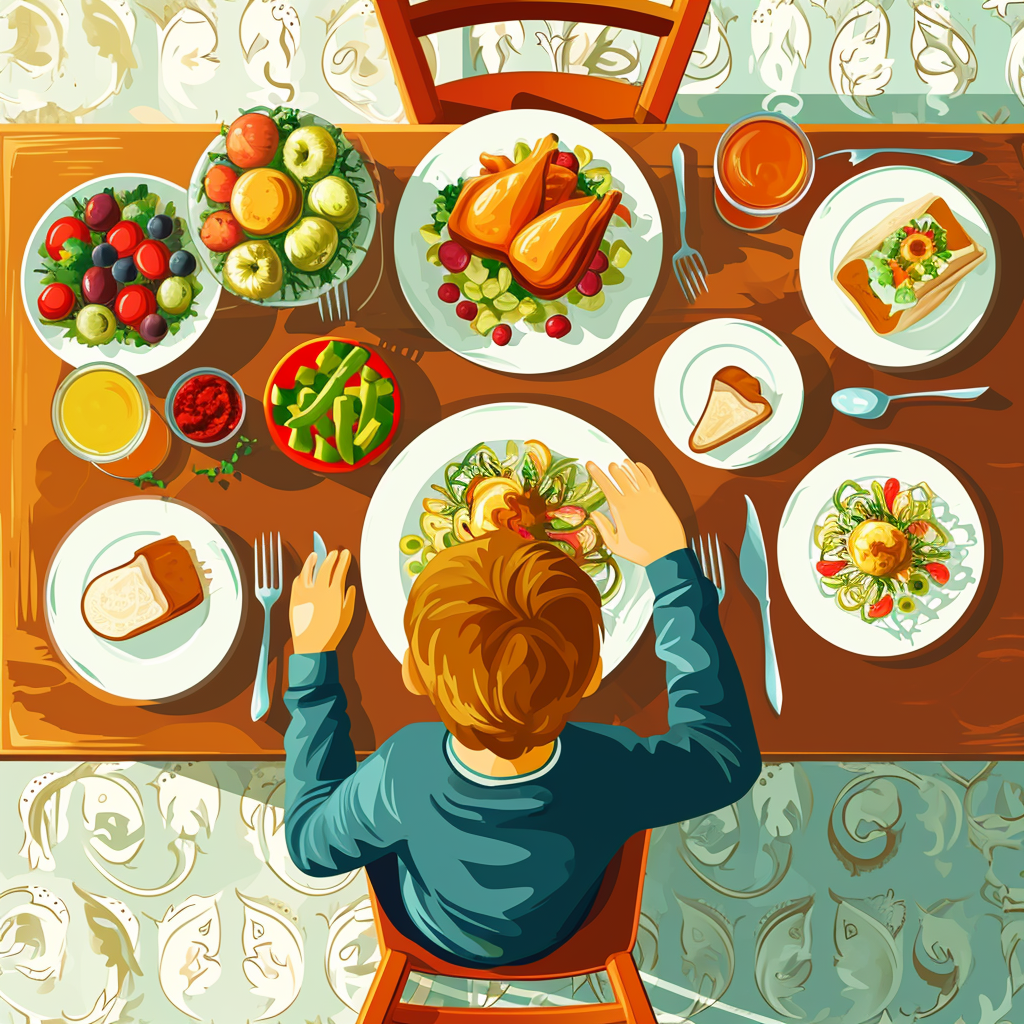 Boy at dining table birdseye view