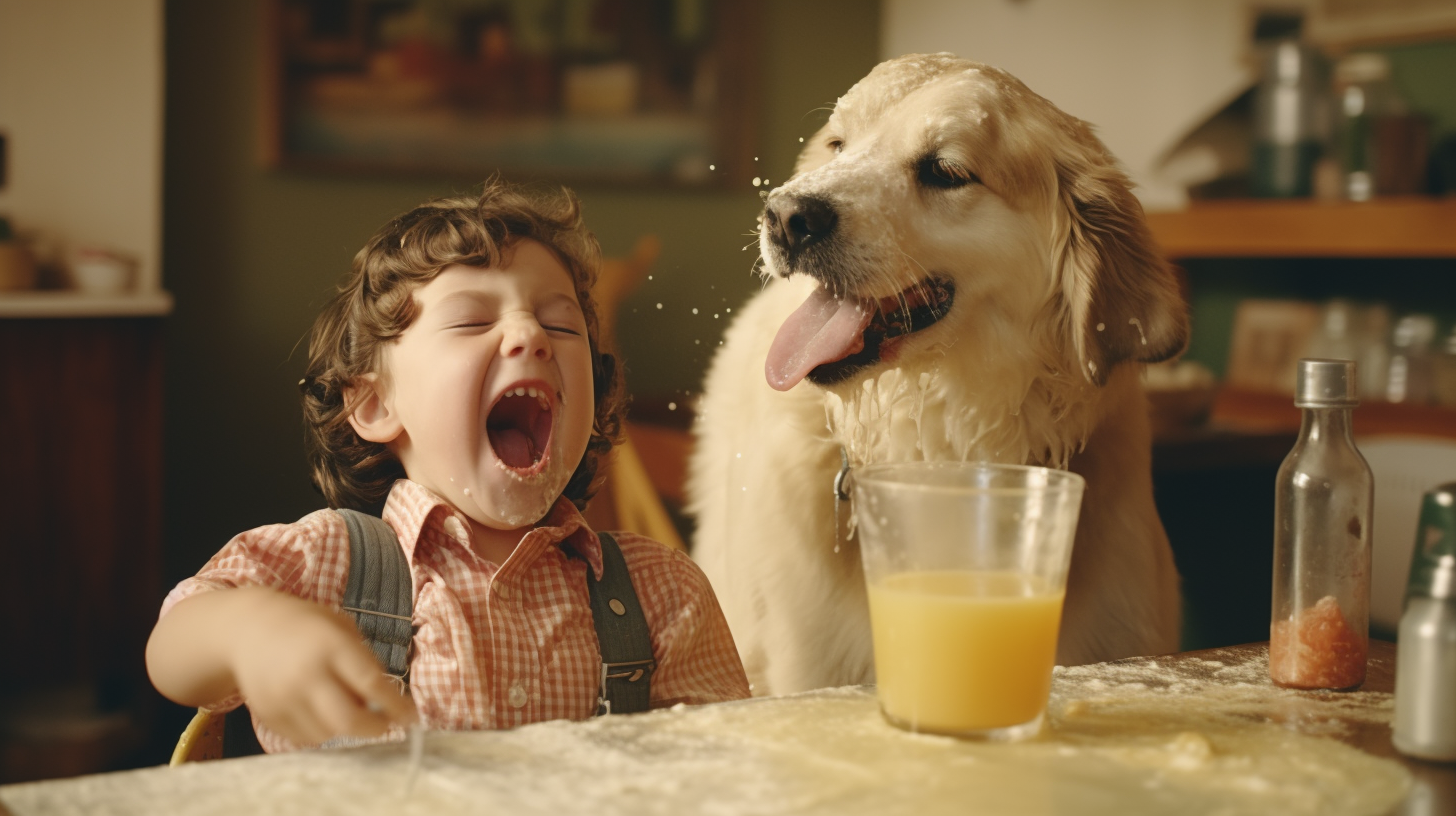 3-year-old boy in high chair with dog