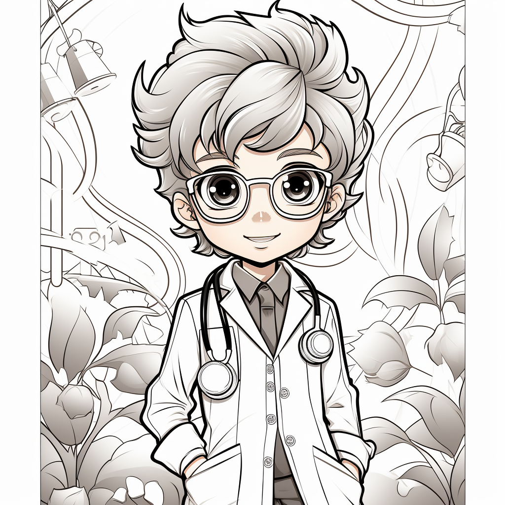 Black and white vector line art of a boy doctor